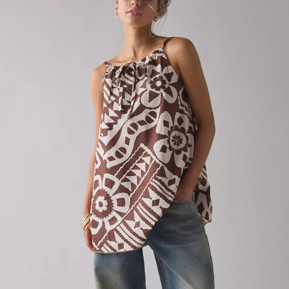 BDG Eva Tie-Front Ruched Strap Trapeze Mini Dress Brown Multi
